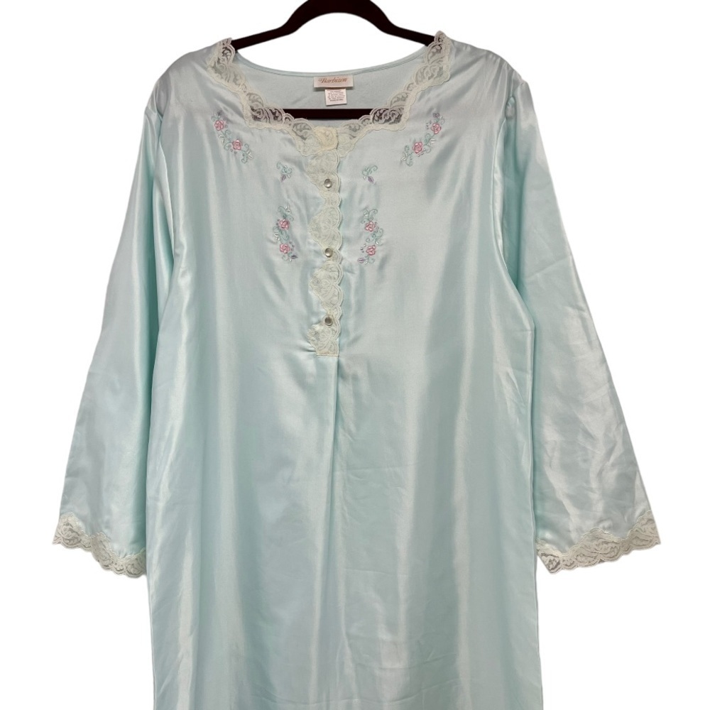 Vintage Barbizon Aqua Blue Embroidered Long Sleeve Modest Full Length Nightgown - Picture 3 of 7